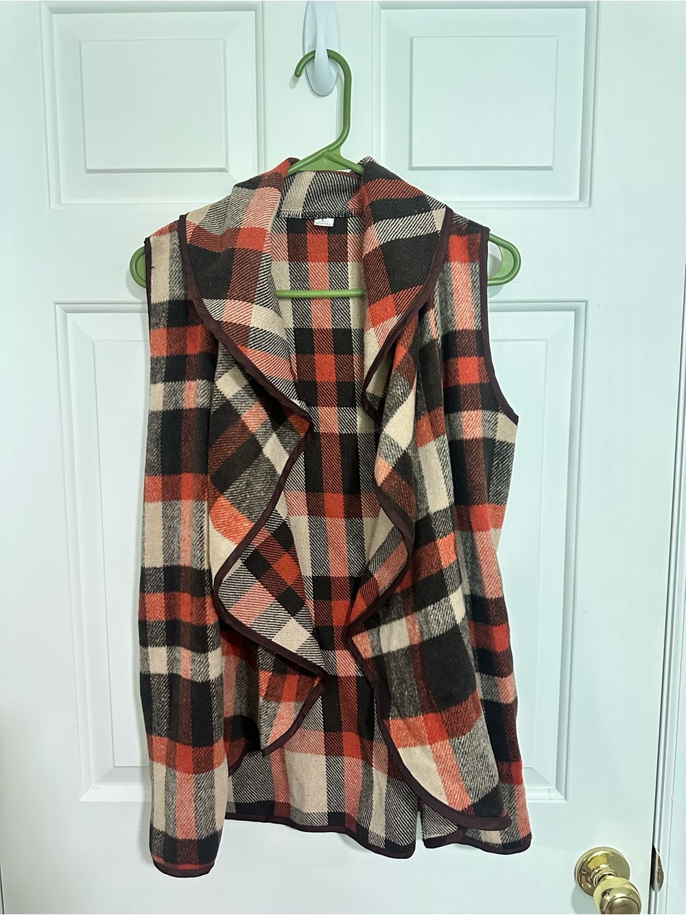 Plaid Open-Front Draped Vest - Red, Black & Cream